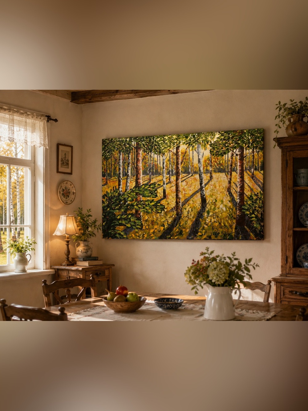 Large Original Oil Painting Birch Aspen Forest Sunlight Shadows Textured Canvas